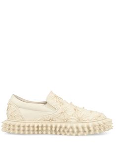 ivory white faux leather embossed detail spike stud detailing slip-on style rubber sole Beige Leather Slip-ons With Perforated Toe Box, Beige Slip-on Sneakers With Leather Sole, Spring Beige Leather Slip-on Sneakers, Beige Leather Slip-on Sneakers For Spring, Cream Slip-on Sneakers With Perforated Toe Box, Spring Slip-on Sneakers With Studded Outsoles, Spring Slip-on Sneakers With Leather Sole, Cream Slip-on Loafers With Textured Sole, Cream Leather Slip-ons