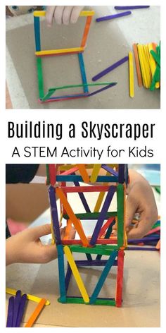 kids are building a skyscraper with colored sticks and construction paper to make it look like they're working on something