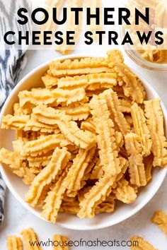 homemade southern cheese straws in a bowl on a white table with text overlay