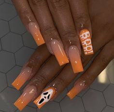 Halloween Nails Mid Length, Caution Nail Design, Halloween Nails Black Women, Holloween Nails Orange, Nail Idea Halloween, Fall Medium Nails Ideas, Halloween Nails Acrylic Orange, Medium Length Halloween Acrylic Nails, Halloween Nail Ideas Square