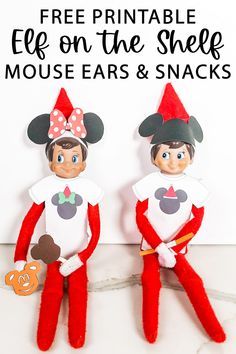 two elfs with free printable elf on the sheet mouse ears and snacks