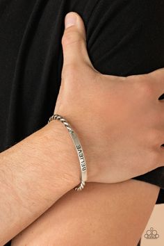 Twisted silver bars attach to a shiny silver plate stamped in the word, "BELIEVE," creating an inspiring cuff around the wrist.

Sold as one individual bracelet. Silver Braces, Mens Cuff Bracelets, Mens Cuff, Mens Bracelet Silver, Inspirational Bracelets, Jewelry Bracelets Silver, Jewelry Images, Paparazzi Accessories, Chic Jewelry