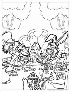 the mad tea party coloring page is shown in this image, there are many cartoon characters eating