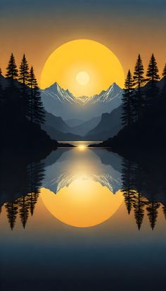 the sun is setting over a mountain lake with pine trees in front of it and mountains reflected in the water