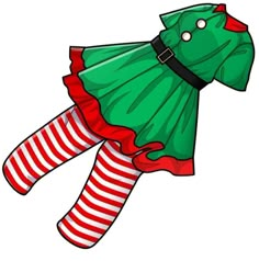 a green dress with red and white striped stockings on it's legs, is flying through the air