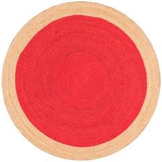 a red and beige rug on a white background with an oval design in the center