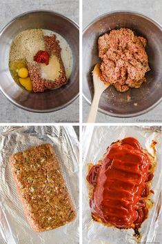 four pictures showing how to make meatloaf with sauce and breadcrumbs