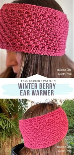 a woman wearing a pink headband with text that reads, free crochet pattern winter berry ear warmer