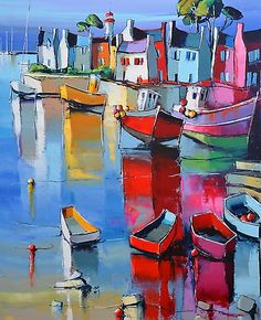 a painting of boats docked in the water