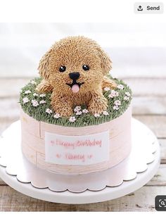 a cake with a dog sitting on top of it