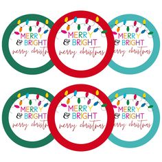 four merry and bright christmas tags with lights on them