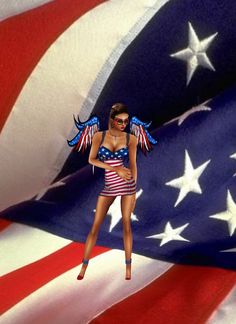 a woman standing in front of an american flag with her hands on her hips while wearing sunglasses