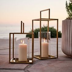 two candles sitting on top of a sidewalk next to a potted plant