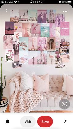 a white couch sitting next to a wall covered in pink and white pictures on it