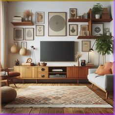 a living room filled with lots of furniture and pictures on the wall above it's entertainment center