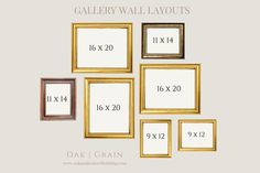 the gallery wall layout is shown with six different sizes and frames, each displaying their own size