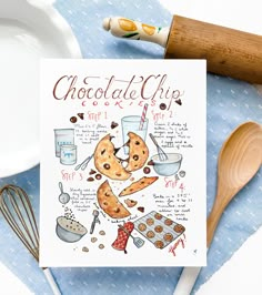 a chocolate chip cookie recipe is shown on a table with utensils and spoons