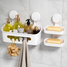 the bathroom shelf is organized with soap, shampoos and other items