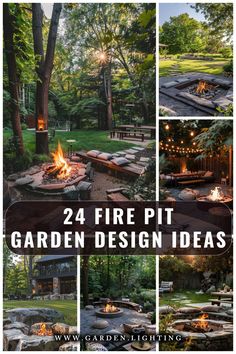 a collage of photos of a fire pit with a fire in it Fireplace In Garden Outdoor, Fire Pit Playground Backyard, Fun Fire Pit Ideas, Fireplace Garden Ideas, Firepits Lakeside, Fire Pit With Patio Stones, Garden Fireplace Ideas Outdoor, Umbrella Over Fire Pit, Pavers To Fire Pit