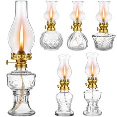 an assortment of glass oil lamps with gold trimmings and candlesticks on each one