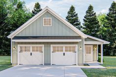 a two car garage is shown in front of some trees