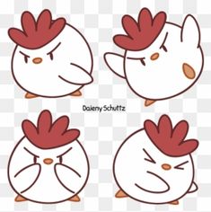 four cartoon chicken faces with different expressions on their heads, one in red and the other in white