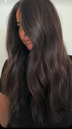 Kim Kardashian Hair Brown, Shiny Dark Hair, Dark Brown Solid Color Hair, Dark Brown Hair With No Highlights, Brunette Hair Fall 2023, Dark Brown Hair With Pale Skin, Dark Brown All Over Color Hair, Dark Brown Hair No Red Tones, Chocolate Brown Hair Inspiration