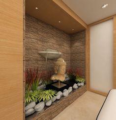 there is a room with plants and rocks in the wall, along with a buddha statue