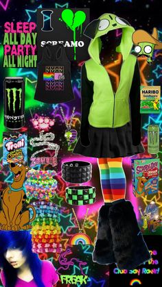 a collage of items including neon colors and black clothing, with text that reads sleep all day party all night