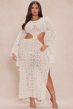 Available In Cream And Black. Crochet Maxi Dress Long Sleeve Cut Out O-Ring Back Zipper Side Slits Stretch 95.2% Cotton 4.8% Nylon Imported | Positano Crochet Maxi Dress in Cream size 3X by Fashion Nova Chic Cream Crochet Midi Dress, Spring Open Knit Maxi Crochet Dress, Elegant White Crochet Maxi Dress, Cream Fitted Long Sleeve Crochet Dress, White Open Knit Crochet Maxi Dress, Crochet Maxi, Crochet Maxi Dress, Cream Dress, Matching Dresses