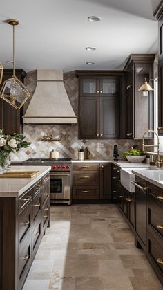 a large kitchen with wooden cabinets and marble counter tops, along with stainless steel appliances