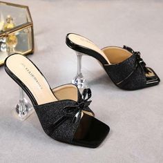 Womens Trendy Summer Peep Toe Bowknot Paillette Slippers Pumps High Heels Shoes | eBay Black Pointed Toe Heels For Party Season, Trendy Black Heels For Party Season, Glamorous Party Heels With Metal Feet, Black Open Toe Heels With Bow, Trendy Bow Heels For Evening, Black Open Heel Party Heels, Trendy Evening Heels With Bow, Trendy Glitter Heels For Evening, Party Heels With Metal Feet And Block Heel