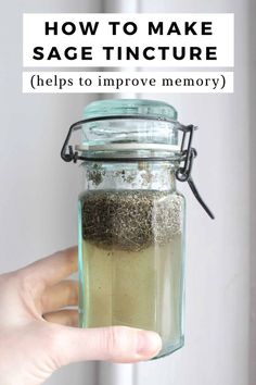 A light hand holding a glass jar with sage tincture steeping inside. Sage Tincture, Herbal Vinegar, Salve Recipes, Natural Alternatives