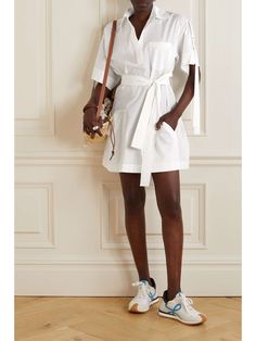 LOEWE + Paula's Ibiza belted leather-trimmed cotton-blend poplin mini dress | NET-A-PORTER