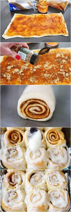 the process for making cinnamon rolls is shown in three different pictures, including one being rolled up