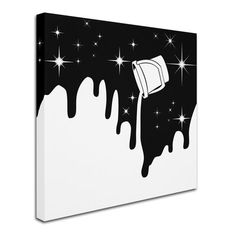 a black and white painting with some paint dripping from it's bucket on the wall