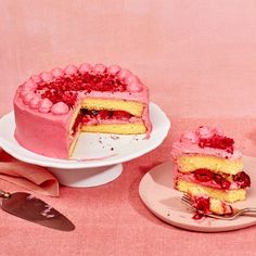 a piece of cake on a plate next to the rest of the cake, with one slice missing