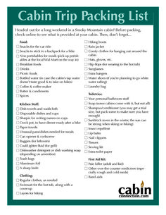 the cabin trip packing list is shown in this green and white printable checklist