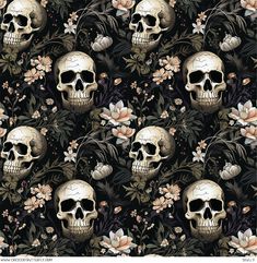 skulls and flowers on a black background