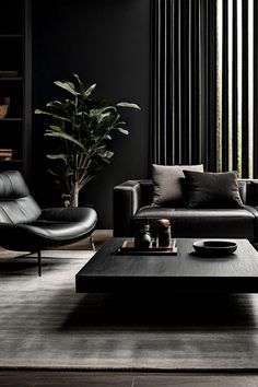 a living room with black walls and leather furniture in the center, along with a large potted plant