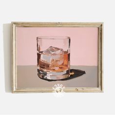 a painting of a glass with ice in it on a white table next to a pink wall