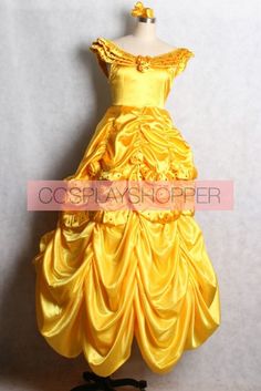 Beauty and the Beast Belle Dress Cosplay Costume V2 Themed Fancy Dress For Cosplay Events, Yellow Costumes For Cosplay Events, Anime Style Dresses For Halloween Themed Events, Yellow Costumes For Cosplay And Themed Events, Themed Dresses For Costume Party And Cosplay Events, Yellow Halloween Cosplay Costume, Disney Cosplay Fitted Dress, Fitted Disney Cosplay Dresses, Fitted Disney Halloween Dress