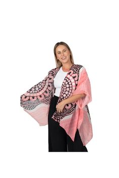 Aboriginal Australian Ladies Shawl Style: Shawl with armholes Fabric: 100% Polyester - Light Chiffon Dimensions: 112cm (W) x 80cm (H) Story: Boobie Sista Artist: Zowie Baumgart  Our Chiffon Shawls are the perfect accessory to add interest and flair. Available in a generous single size, our shawls are tailored with arm holes for the perfect fit. The light fabric drapes beautifully and adds colour to your outfit without heaviness or bulk. Great to layer on for a trip to the beach or glam it up for One Size Summer Shawl, Pink One Size Shawl, Pink Shawl Scarf For Beach, Pink Scarf For Spring Beach Outing, Ladies Shawl, Orchid Roots, Australian Gifts, Shawl Style, Chiffon Shawl