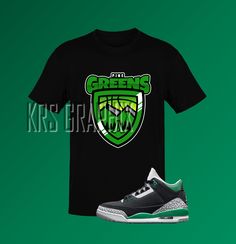 This t-shirt inspired by the Jordan 3s Retro 'Pine Green' colorway is everything you've dreamed of and more. It feels soft and lightweight, with the right amount of stretch. It's comfortable and flattering for both men and women. This Jordan inspired design is perfect for sneakerheads everywhere!  * 100% combed and ring-spun cotton (Heather colors contain polyester) * Ash color is 99% combed and ring-spun cotton, 1% polyester * Heather colors are 52% combed and ring-spun cotton, 48% polyester * Green Sports Shirt With Graphic Print, Sporty Green T-shirt With Graphic Design, Green Tops With Logo Print For Fans, Green Tops With Logo Print For Fan Merchandise, Green T-shirt With Team Logo For Team Spirit, Green Sports T-shirt With Branding, Green T-shirt For Team Spirit Fan Merchandise, Sporty Green Top With Branding, Green Team Name Tops For Streetwear