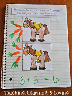 a notebook with two pictures of horses and carrots on it, which are part of a lesson for children