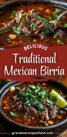 a bowl of mexican beef soup with cilantro and parsley on the side