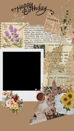 an old fashioned photo frame with flowers and other things around it on a brown background