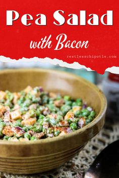 pea salad with bacon in a wooden bowl