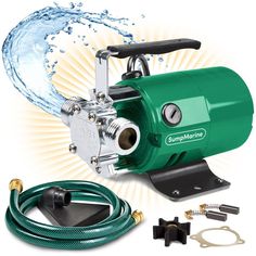 a green water pump with hose attached to it