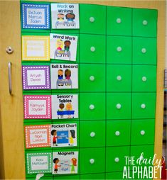 a green door with white polka dots on it and the words, work on word wall